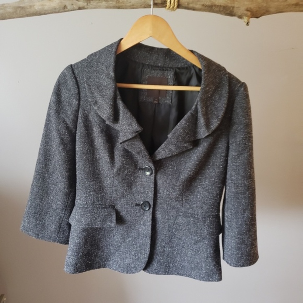 The limited grey ruffle front blazer small